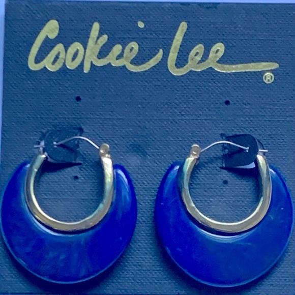 🦋Cobalt Blue with Marbled Brown Swirls Gold Tone Hoop Earrings by Cookie Lee - Picture 3 of 5